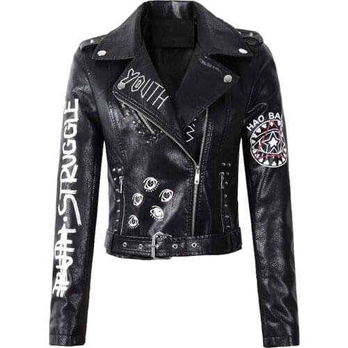 FTLZZ Autumn Leather Jacket Women Printed Rivet Punk Jackets Faux Leather Biker Coats Slim Streetwear Cropped Jackets