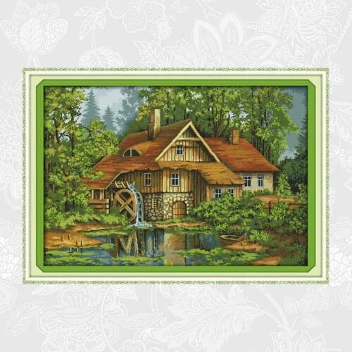 Cabin with Water Truck Paintings Cross Stitch Printed Canvas DIY Handmade Embroidery Sets for Needlework Cotton Thread Crafts
