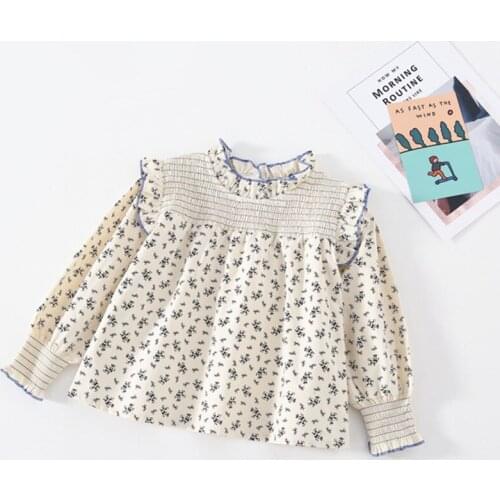 2021 New Spring Korean Style Baby Girls Floral Printed Blouses Ruffles Ruched Long Sleeve Tops Toddlers Kids Princess Shirts