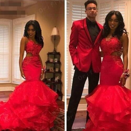 Red African Evening Dress Spagherri Straps Ruffles Cascading Skirt Formal Evening Party Gown Prom Occasion Wear