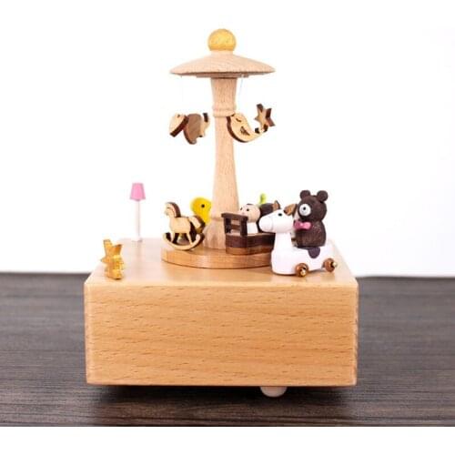 Creative Cartoon Solid Wood Music Box Carousel Birthday Childrens Gift Craft Ornaments Swan Lake Music Souvenir Decoration