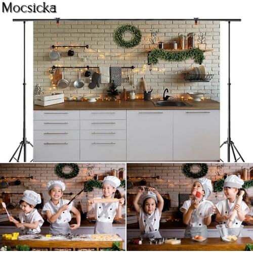 Mocsicka Christmas Photography Background Wreath kitchen Kitchenware Backdrop Children Portrait photo Decoration Props Studio