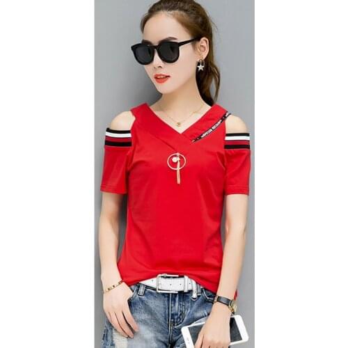 New Summer Womens T-shirt Casual Off Shoulder Tshirt Women Cotton Short Sleeve Top Femme Fashion V-Neck Tee Shirt Female 2021