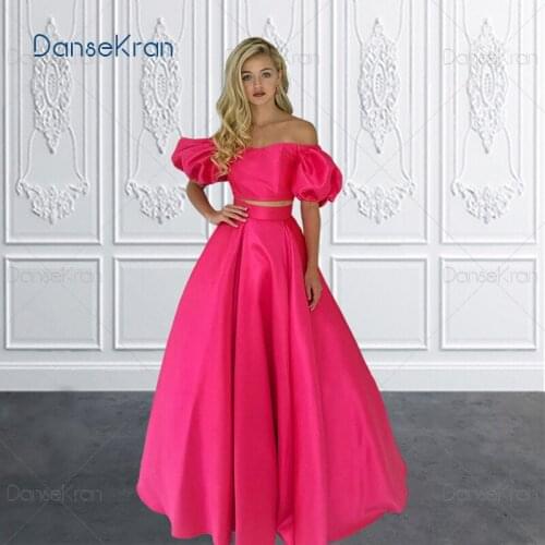 Two Piece Fuchsia Evening Dress 2021 Off The Shoulder Prom Dress For Party Zipper Up Back Satin A Line Long Dress