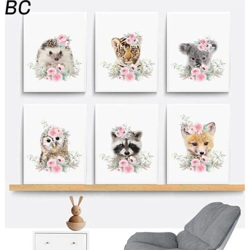 Elephant Giraffe Canvas Child Poster Nursery Wall Art Print Pink Flower Animal Picture Painting Nordic Kids Baby Bedroom Decor