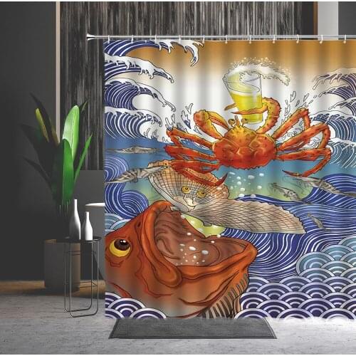 Japanese-Style Shower Curtain Retro Poster Beer Fish Waves Pattern Machine Washable Bathroom Decor Curtain Set Bath Accessories