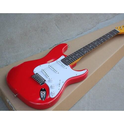 Factory Custom Vintage Red Body Electric Guitar with White Pickguard,3 S Pickups,Yellow Neck,Chrome Hardware,Offer Customized