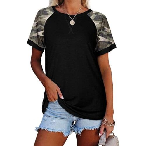Camouflage Splicing Short Sleeve Women T-shirt Lightweight Round Neck Loose Top Streetwear t shirt women 2021 fashion Summer
