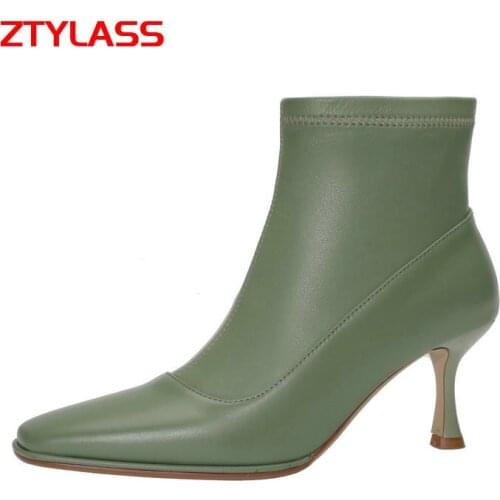 Women Genuine Leather Stretch Ankle Boots Fashion Slip On Thin High Heel Vintage Short Boots Autumn Winter Square Toe Shoes Lady