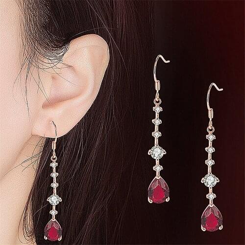 Vintage Fashion Red Crystal Ruby Gemstones Diamonds Dangle Drop Earrings for Women Rose Gold color Jewelry Accessories Brincos