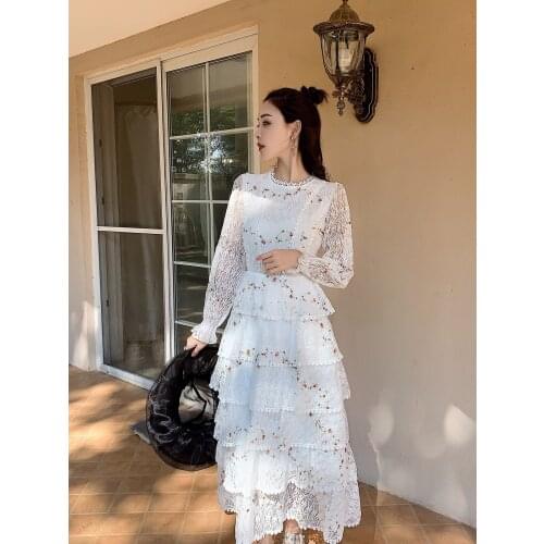2021 New Spring Pink Lace Embroidery Maxi Dress Female Long Sleeve High Waist Ruffle Elegant Runway Dresses Vestidos