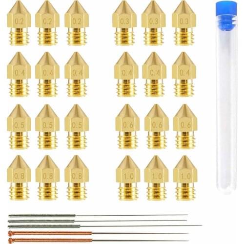 24pcs MK8 Nozzles Set and Cleaning Needle M6 Brass Extruder 0.2 0.3 0.4mm 0.5 0.6 0.8 1.0mm Hotend Nozzles fit 1.75mm 3D Printer