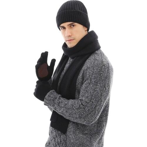 3PCS/Sets Men Knitted Thicken Scarf Hats Non-slip Glove Winter Autumn Warm Woolen Thermal Beanies Skull Cap Touch Screen Gloves
