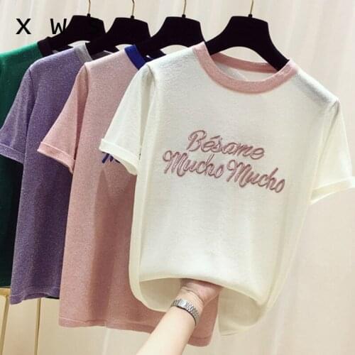 Glitter Women thin Sweater shiny summer letter embroidery pullovers lady sweaters basic Female pink knit sweater short sleeve