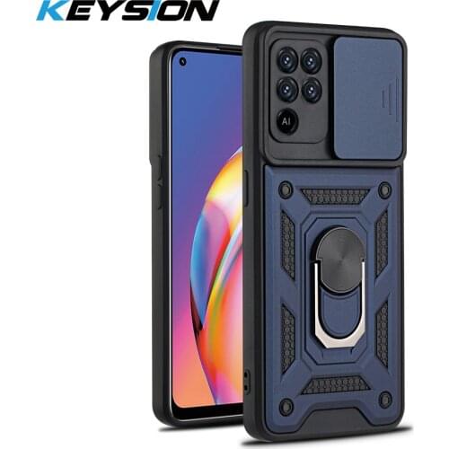 KEYSION Shockproof Case for Ralme 8 Pro C21 Ring Stand Push Pull Camera Protection Phone Cover for OPPO A15s A53 A32 A52 A72 A92