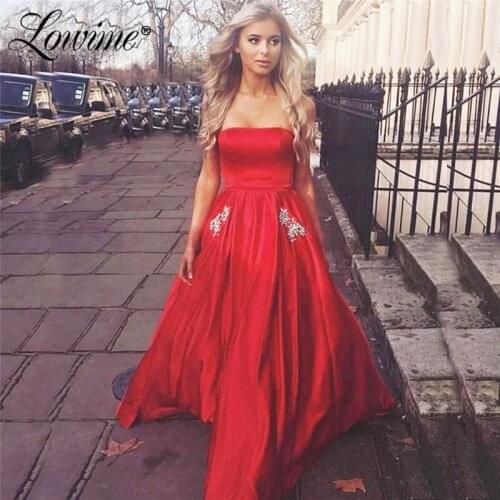 Cheap Party Dress Red Long A Line Evening Dresses 2021 Custom Made Satin Formal Strapless Prom Dress Gown Plus Size Evening Wear