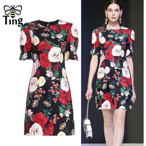Tingfly Runway Designer Rose FLower Print Vintage Elegant Party Mini Dresses Luxury Crystal Paved Short Summer Casual Dress Robe