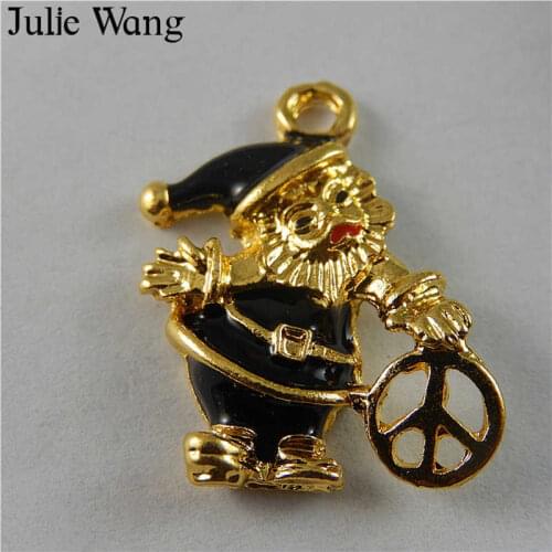 Julie Wang 4PCS Alloy Enamel Black Christmas Santa Claus Peace Sign Gold Tone Pendant Charm Bracelet necklace Jewelry Accessory