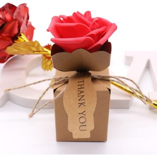 5PCS Kraft Box Paper Bag Candy Boxes with Rose Flower Thank You Tag Gift Bag Wedding Birthday Party Favor Present Packaging Box