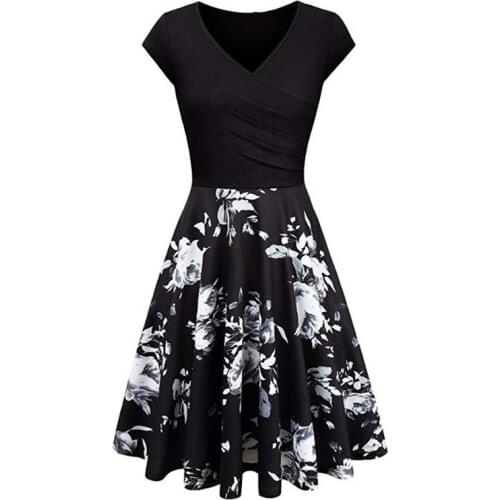 Summer Floral Print Slim Midi Dress Casual Female Vestido Sexy V-Neck Big Swing Stitching Retro Sundress Women Plus Size Dresses