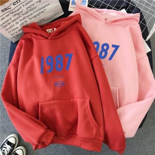 Streetwear Vintage 1987 Print Harajuku Hoodie Men Autumn Style Streetwear Loose Long Sleeve Pink Teens Pullovers