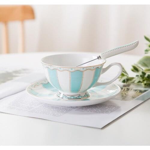 Bone China Cup and Saucer Set with Spoon Vintage Porcelain Coffee Cup Set, White Blue Tea Cup Set with Gold Trim and Gift Box