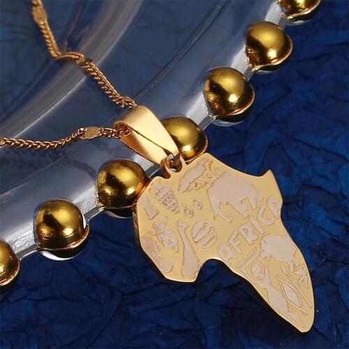 Stainless Steel Gold Color Africa Map Pendant Necklaces Map of African Trendy Animal Pattern Jewelry