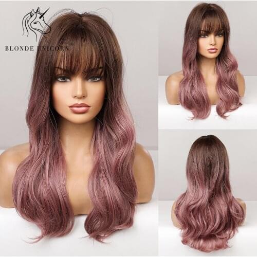 Blonde Unicorn Long Synthetic Natural Wavy Orange Ombre Wine Red Wig with Bangs Heat Resistant Fiber Hair for Women Daily Wear