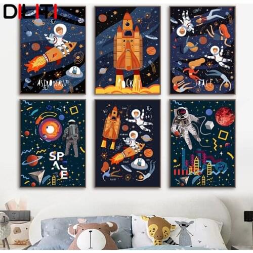 Planet Astronaut Star Nursery Wall Art Canvas Painting Nordic Space Rocket Posters and Prints Pictures Kids Room Decoration