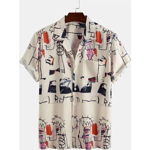 Summer Mens Turn-down Collar Mens Shirts Abstract Print Sing Breasted Short Sleeves Loose Tops