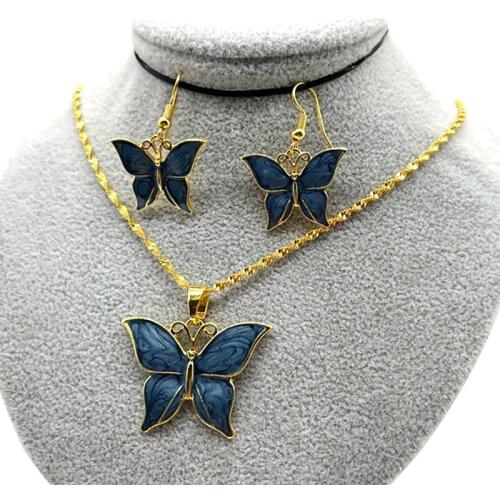 Blue Butterfly Jewelry Sets Ethiopian Pendant Chain Neckalces Earrings Ring for Women Girls African Party Gifts