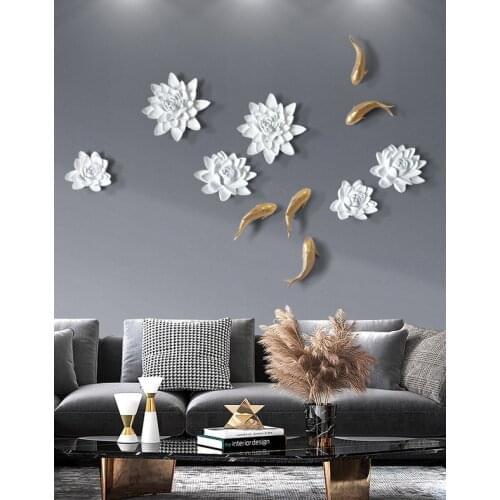 Modern 3D Flowers Interior Wall Decor,Resin Lotus Flower Wall Art for Livingroom Home,DIY Flower Wall Sticker Murals