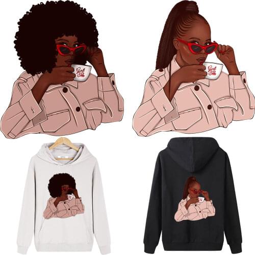Coffee Black African Girls Iron On Patches For Clothing Stripes Appliques DIY Patch termoadhesivos Thermal Stickers Parches Ropa