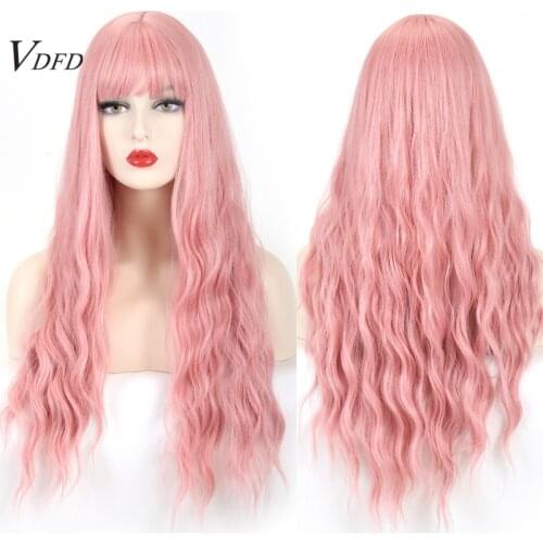 VDFD Pink Wig with Bangs Synthetic Cosplay Natural Long Wavy Costume Fake Hair Red Purple Heat Resistant Fiber for Women Party
