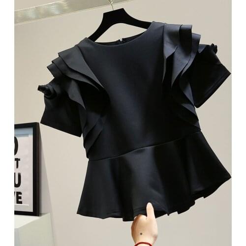 2021 Women T-shirt Fashion Spring Summer New Korean Style Flower Ruffled Round Neck Short-sleeved Female Slim Casual Tops