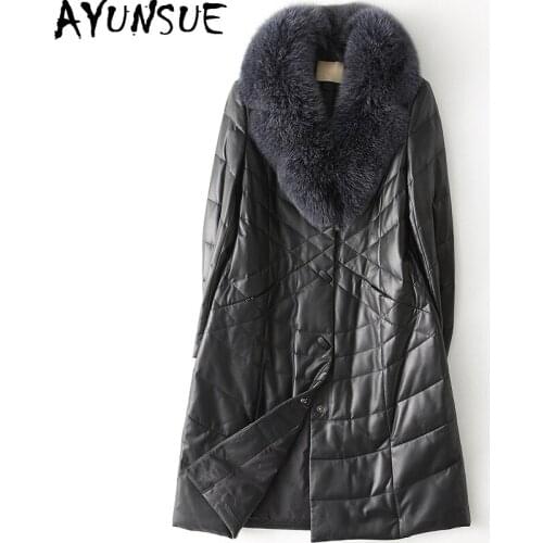 Womens Leather Jacket Winter Genuine Leather Sheepskin Coat Real Fox Fur Collar Long Overcoat Korean Leather Jackets YFG6012B