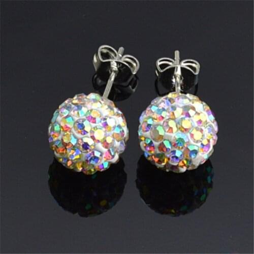 Earrings for Women 10mm New Silver Color Ball Red Rhinestone Crystal Ball Pave Beads Stud Earrings Jewelry 24 Colors AB White