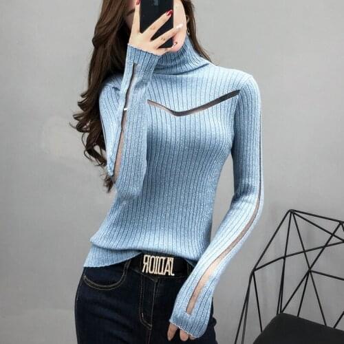 Autumn Winter Women Stretch Knit Sweater Sexy Hollow Out Long sleeve Turtleneck Pullover Female Thick Warm Sweaters High quality