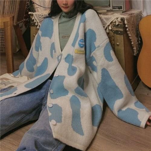 Women Autumn Winter Knitted Cardigan Buttons Print Oversize Sweater Coat Harajuku Loose Elegant V Neck Women Cardigans