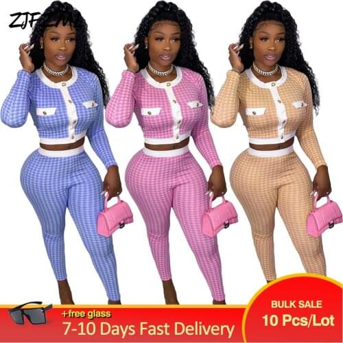 Bulk Items Wholesale Lots Womens Tracksuit 2021 Plaid Print Long Sleeve Crop Top and Fashion Skinny Legging Female 2 Pcs Set