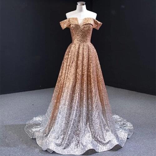 Gold 2020 Prom Dress Off Shoulder Sexy Evening Dress Sleeveless Sequins Sparkle Contrast Color Formal Party Gown