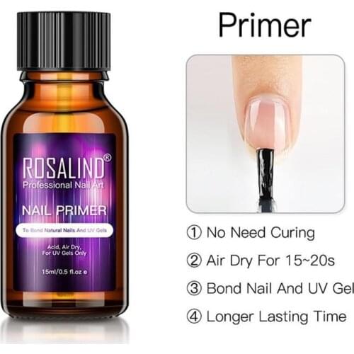 15ml ROSALIND Nail Primer And Nail Prep Dehydrator Set Nail Art Tool NoNeed of UV LED Lamp Manicure for Nail Art Gel Nail Polish