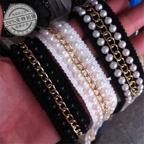 5Yards Gold Metal Chain Lace Trim Golden Chain Pearl Beaded Lace Ribbons Diy Accessories Clothes Bags Shoes Decoration