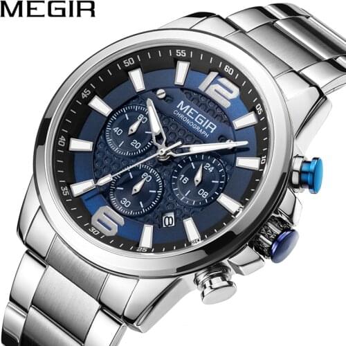 MEGIR Mens Quartz Wrist Watch Men Stainless Steel Band Chronograph Mens Watches Luminous Waterproof Men Quartz Wristwatches