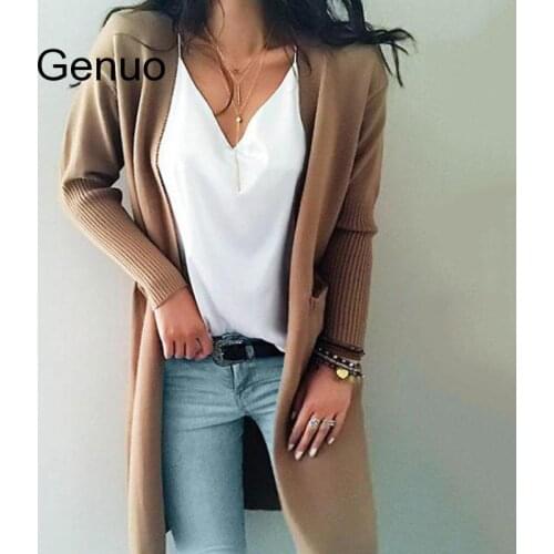 Khaki Long Cardigan Women Cashmere Solid Knit Sweater Women Long Sleeve Winter Pockets Female Cardigan Kimono