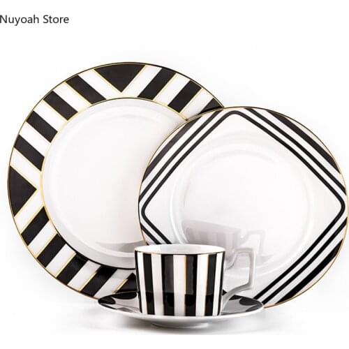 Household Tableware Black and White Ceramic Tray 10 Inch Steak Plate Round Saucer Dinner Plate Decoration 250ML Coffee Cup