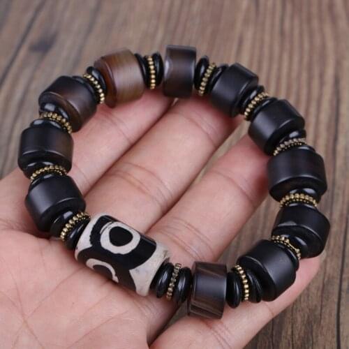 Matte cylinder tube brown black onyx semi precious stone gold spacer tibetan buddhism beads energy bracelet for man