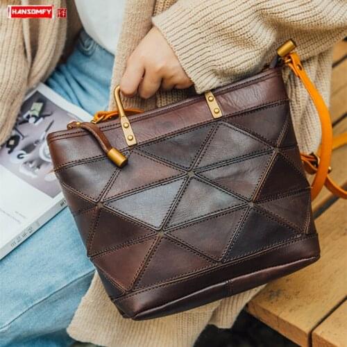 Retro Handmade Leather Shoulder Diagonal Package Literary Geometric Mosaic Leather Handbag Dumplings Original Shoulder Bags Tote