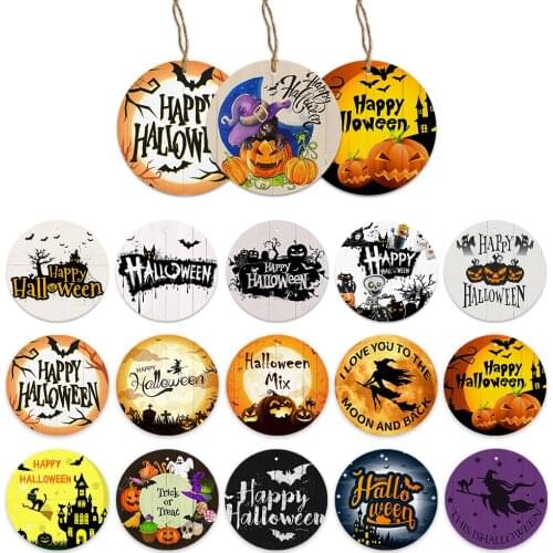 Halloween Round Wooden Hanging Signs Pumpkin Lantern Wall Plaque for Home Decoration Witch Halloween Gift