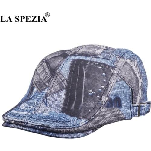 LA SPEZIA Print Flat Cap Unisex Real Sheepskin Leather Blue Duckbill Hat Beret Women Character Designer Spring Men Directors Cap